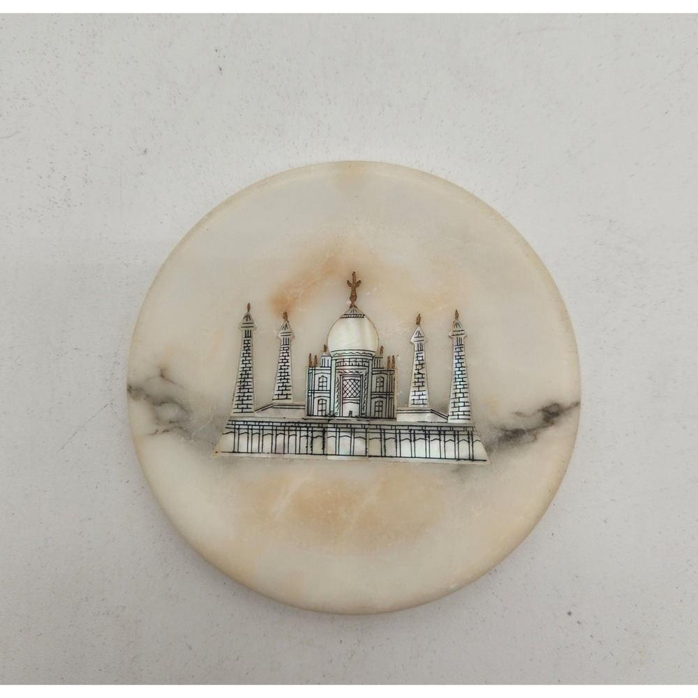 Vintage Replica Taj Mahal Translucent Alabaster Dish Mother of Pearl Inlay India